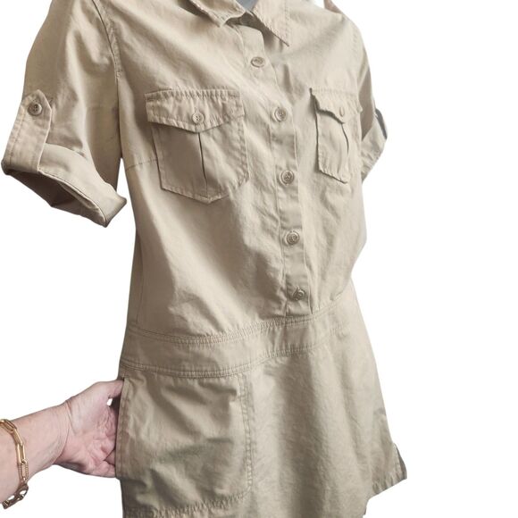 J Crew VTG Utility Shirt Dress-Tan-Side & Chest Pockets-Roll Tab Sleeves-Y2K-10 - Picture 4 of 11